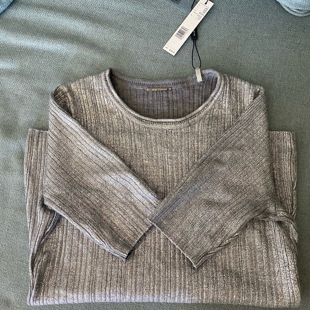 Elie Tahari Shantay Sweater Tshirt Metallic Silver